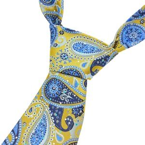 Manzini Tie Mens Yellow Blue Paisley Print Polyester Abstract‎ Necktie
